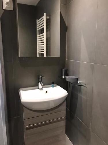 une salle de bain avec un lavabo blanc et un miroir dans l'établissement Studio le p'tit Wims à 350 m de la plage, à Wimereux