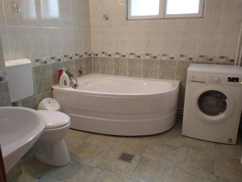 a bathroom with a tub and a toilet and a washing machine at Casa Livia în inima Bucovinei in Gura Humorului