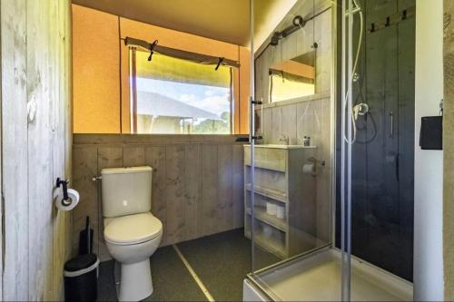 a bathroom with a toilet and a glass shower at Glamping lodge with Eco-Wellness in Zeewolde