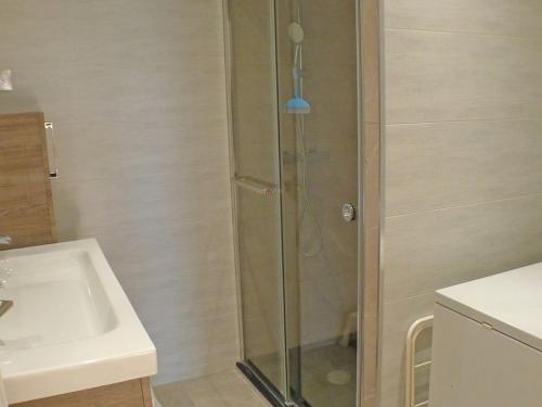 une douche avec une porte vitrée à côté d'un lavabo dans l'établissement T2 cosy, proche centre Samoëns, animaux admis, parking - FR-1-629-67, à Samoëns