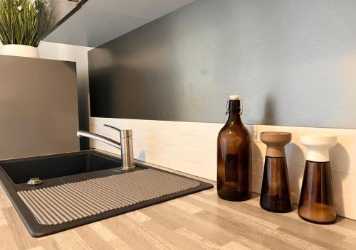 eine Küche mit Spüle und zwei Flaschen auf der Theke in der Unterkunft Le Minimes-Studio Proche - Self check-In & Parking privée in Toulouse