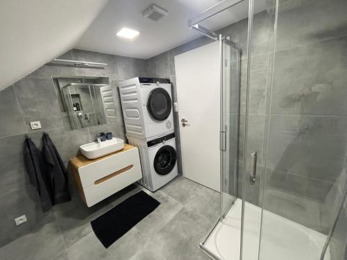 a bathroom with a washing machine and a sink at Apartmán Světla in Pardubice