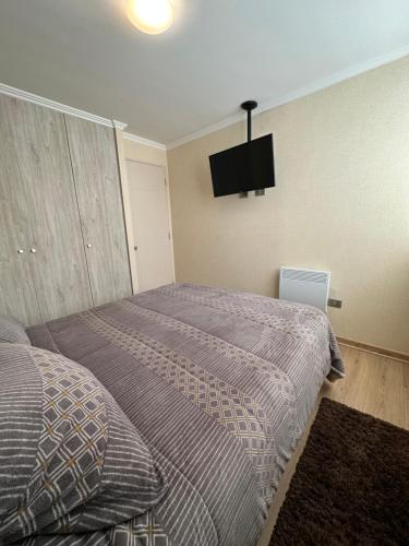 a bedroom with a bed and a tv on the wall at PARQUE AL VOLCAN VILLARRICA in Villarrica