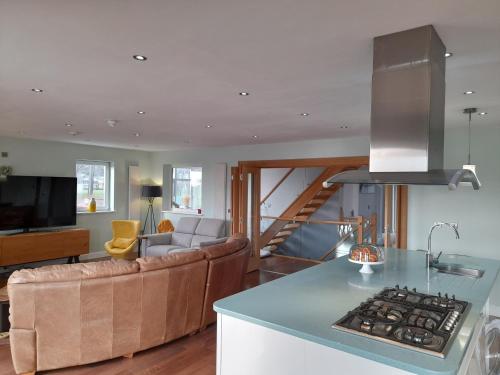cocina y sala de estar con sofá y fogones en Coastal Millennium Apartment, en Llanelli