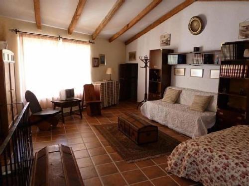 ein Wohnzimmer mit einem Bett, einem Sofa und einem Tisch in der Unterkunft Casa Montes De Toledo in Marjaliza