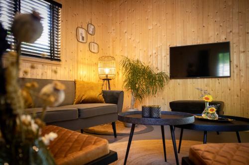a living room with a couch and tables and a tv at Vakantiehuisje Jipué met bubbelbad en sauna in Bruchterveld