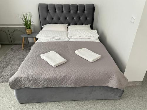 a large bed with two white pillows on it at Apartamentai Rokiškio Senamiestyje in Rokiškis