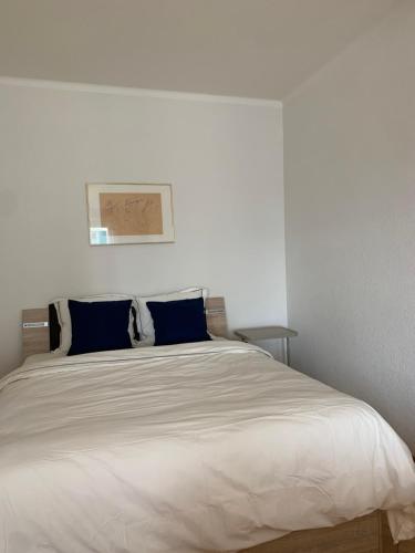 um quarto com uma grande cama branca com almofadas azuis em Cosy apparemment em Lausanne