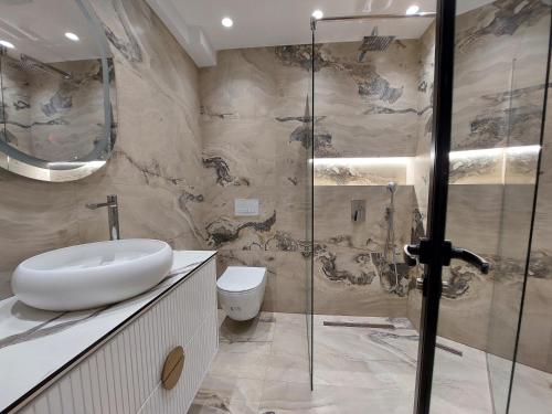 a bathroom with a sink and a glass shower at Luxury apartments Blloku in Tirana