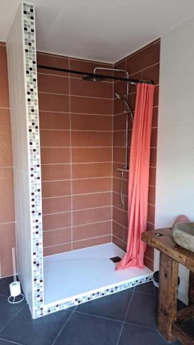 a shower with a pink shower curtain in a room at Moulin Béchereau in Mer