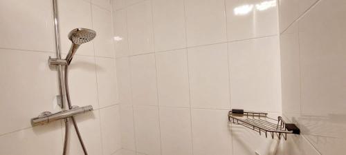 a white tiled shower with a shower head at Natuurhuisje Heerlijkheid Beek in Berg en Dal