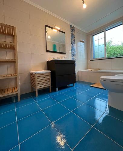 a bathroom with a blue tiled floor with a sink and a toilet at MyHome in São Roque do Pico