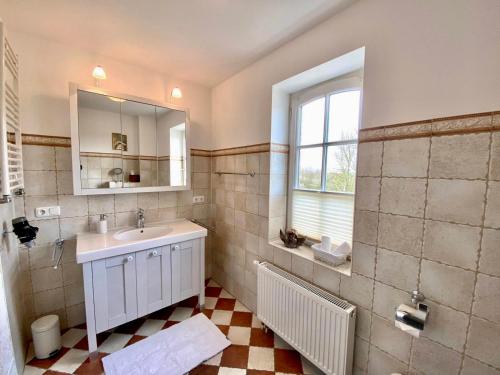 een badkamer met een wastafel, een spiegel en een raam bij Eichenhof (Westhof) in Grothusenkoog
