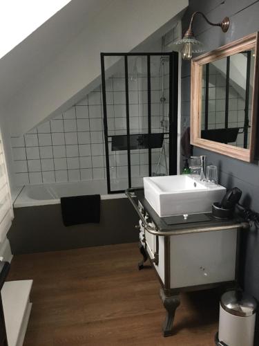 une salle de bain avec un lavabo et une baignoire dans l'établissement les chambres de pauline appartements avec climatisation et spa parking moto garage vélo, à Albertville