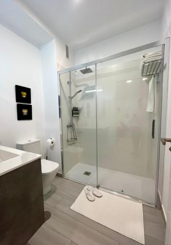 a bathroom with a glass shower and a toilet at Angliru 1 Suite in Santa Eulalia de Morcín