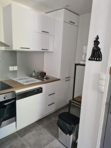 una cocina blanca con armarios blancos y fregadero en Mireio Arles centre climatisé 1 à 6 personnes Appartement, en Arles