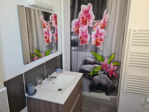 baño con lavabo y cortina de ducha con flores en Mireio Arles centre climatisé 1 à 6 personnes Appartement, en Arles