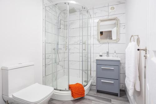 een badkamer met een douche, een toilet en een wastafel bij Coppergate Mews Grimsby No.2 - 2 bed, 2 bath, ground floor apartment in Grimsby