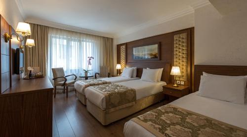 伊斯坦布尔伊斯坦堡酒店的有两张床和一张书桌的酒店房间