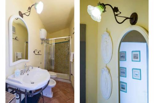 two pictures of a bathroom with a sink and a mirror at Residenza dei Medici Palace Niccolò in Florence