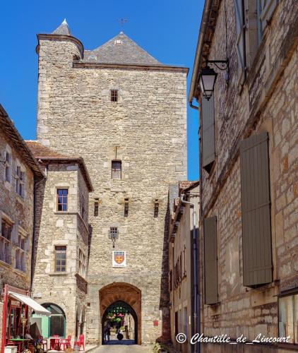 un gran edificio de piedra con una gran torre en La Maison des Pélerins Villeneuve, en Villeneuve-dʼAveyron