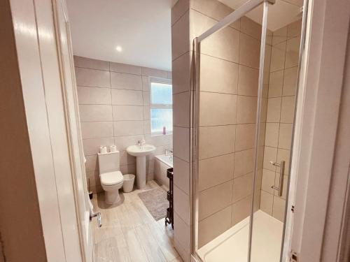 La salle de bains est pourvue de toilettes, d'un lavabo et d'une douche. dans l'établissement Modern Luxury 3 bed house, à Plymouth