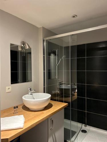 une salle de bain avec un lavabo et une douche en verre dans l'établissement Superbe appartement - Coeur du Vieux-Lille, à Lille