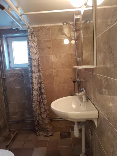 ein Bad mit einem Waschbecken und einer Dusche in der Unterkunft Ekonomirum i Karlstad in Karlstad