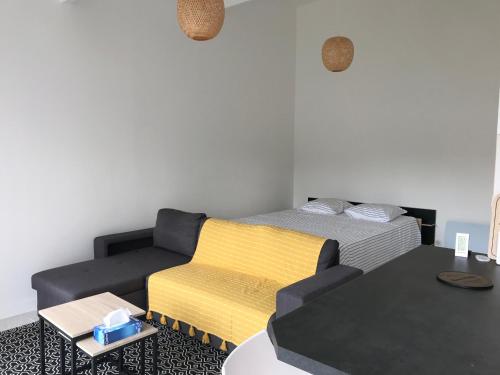 salon z łóżkiem i kanapą w obiekcie Studio 35m2 à 3 km de la gare d Angoulême avec draps et linge de maison fournis w mieście Le Gond-Pontouvre