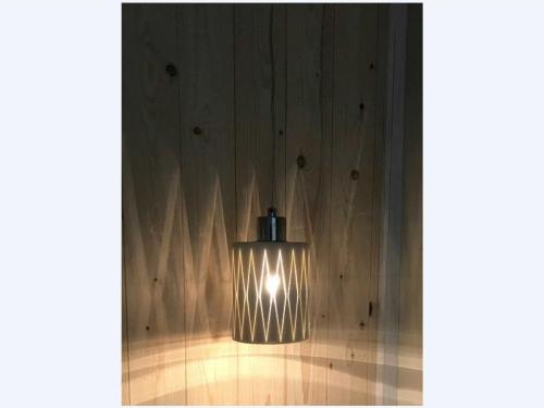 a light fixture in a room with a wooden wall at Ferienwohnung Ursel in Heringsdorf