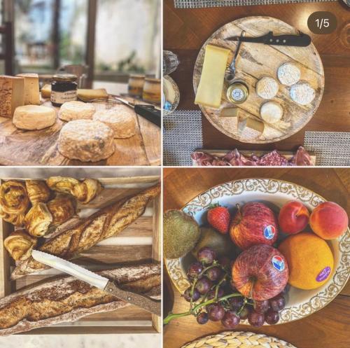 un collage de quatre images de différents types d'aliments dans l'établissement La Maison de L' Ambassadeur Carcassonne B&B, à Carcassonne