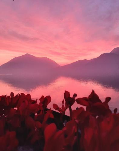 a sunset over a body of water with mountains at Il porticciolo in Bellano