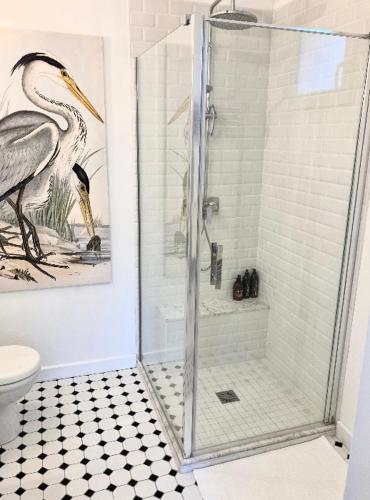 La salle de bains est pourvue d'une douche avec un oiseau sur le mur. dans l'établissement Stunning bedroom overlooking the Charente, à Bourg-Charente