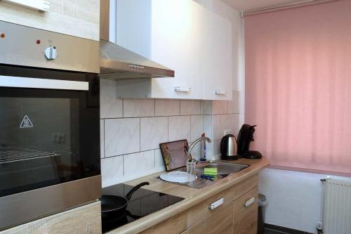 a kitchen with a sink and a stove at Aparthotel Kompass A 102-103 in Essen