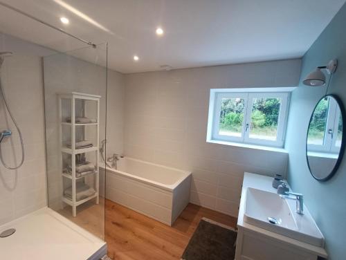 une salle de bain avec une baignoire, un lavabo et un miroir dans l'établissement Portets-Vieux, à Angresse