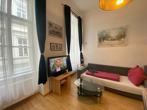 a living room with a couch and a tv at Apartments Opera in Vienna