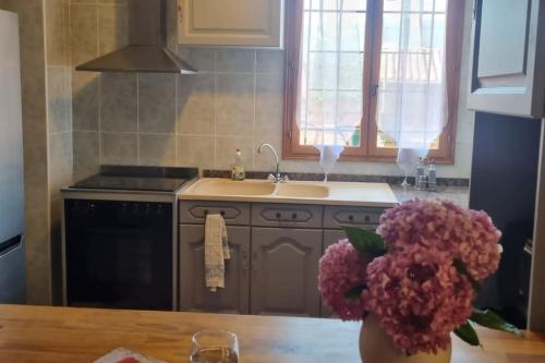 kuchnia z wazonem kwiatów na stole w obiekcie Maison de ville avec garage w mieście Prades