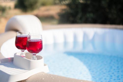 dois copos de vinho tinto sentados num suporte ao lado de uma piscina em Agriturismo I Grappoli em Alberese