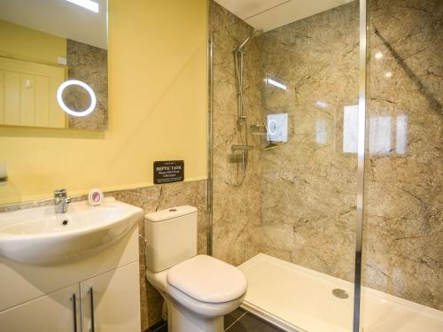 a bathroom with a toilet and a sink and a shower at Hideaway at Coomb Bank Farm in Axminster
