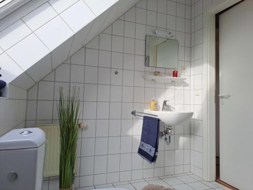 uma casa de banho com um lavatório e um WC em Ruhepol am Meer - Apartment mit Balkon em Bastorf