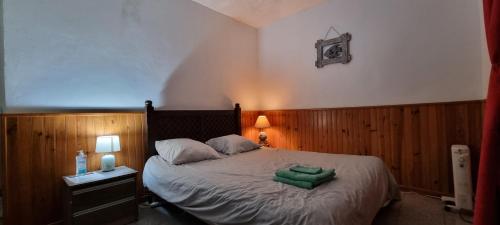 1 dormitorio con 1 cama y 2 toallas verdes en Case Tortue - chambres chez l'habitant - 3 étoiles, en Les Avirons