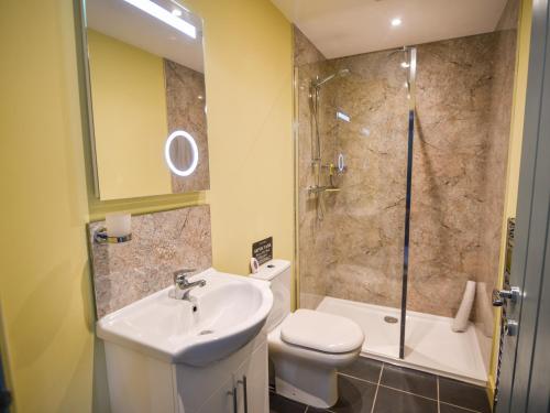 a bathroom with a sink and a toilet and a shower at Field View at Coomb Bank Farm in Axminster