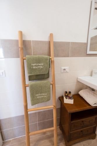 a towel rack with two green towels on it in a bathroom at Agriturismo I Grappoli in Alberese