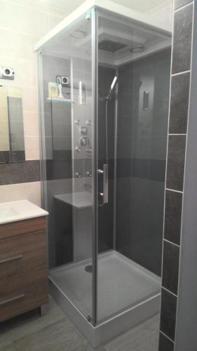 a shower with a glass door in a bathroom at Chambre privative à st remy en mauges in La Chaussaire
