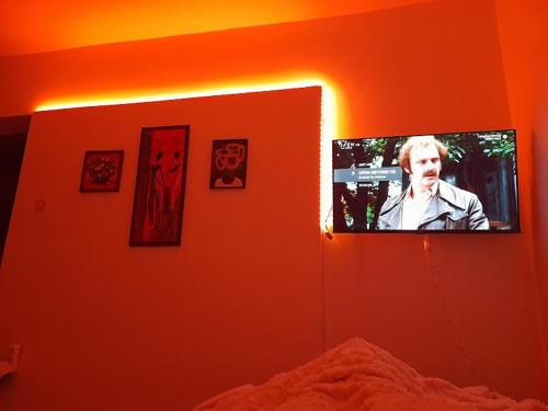 a television on a wall in a room with a bed at Artemida in Loutra Edipsou