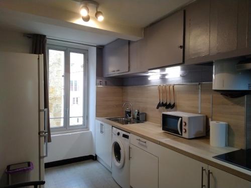 une cuisine avec un évier et un micro-ondes dans l'établissement ENTRE VILLE ET CANAL, calme ET central !Gare à 700 m, à Narbonne