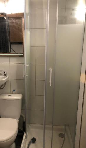 une salle de bain avec toilettes et douche en verre dans l'établissement Studette indépendant avec terrasse-climatisation, à Marseille