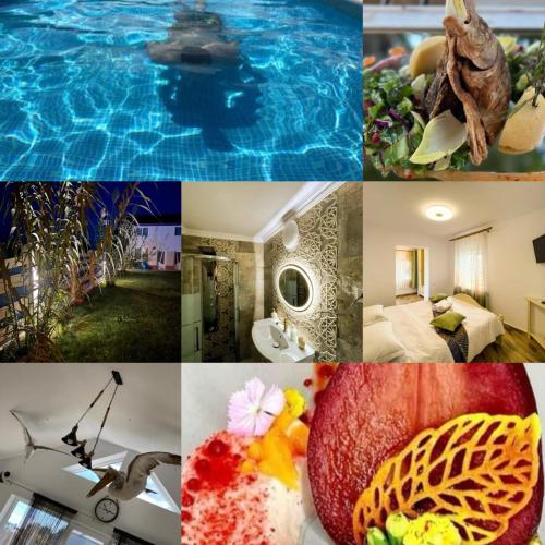 a collage of pictures of a swimming pool at La Konac in Murighiol