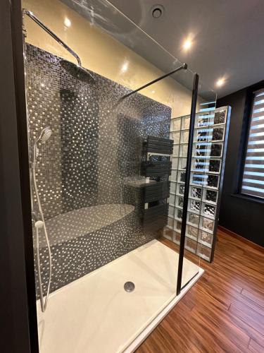 a bathroom with a shower with a glass door at À contre courant in Forges-les-Eaux
