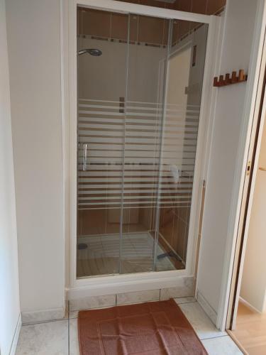 Cette chambre dispose d'une porte de douche en verre et de carrelage. dans l'établissement CHARMANT APPARTEMENT 3 étoiles classé BORD DE MER Travel Award 2024, à Plougonvelin